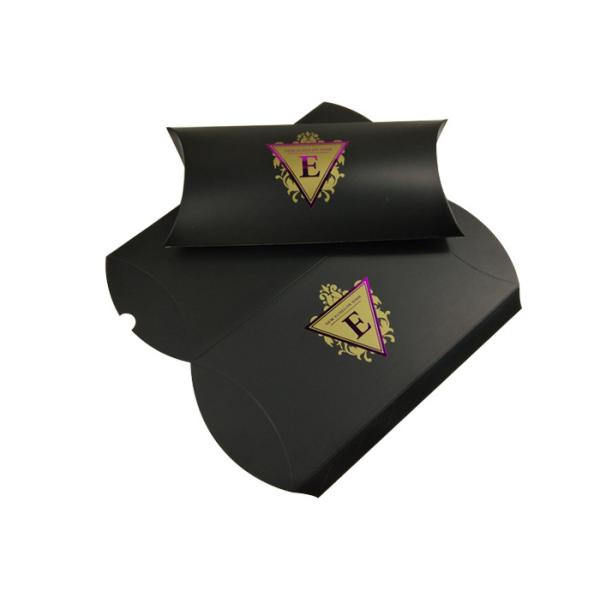 Custom Black Paper Pillow Box Packaging With Hot Stamping Purple Logo