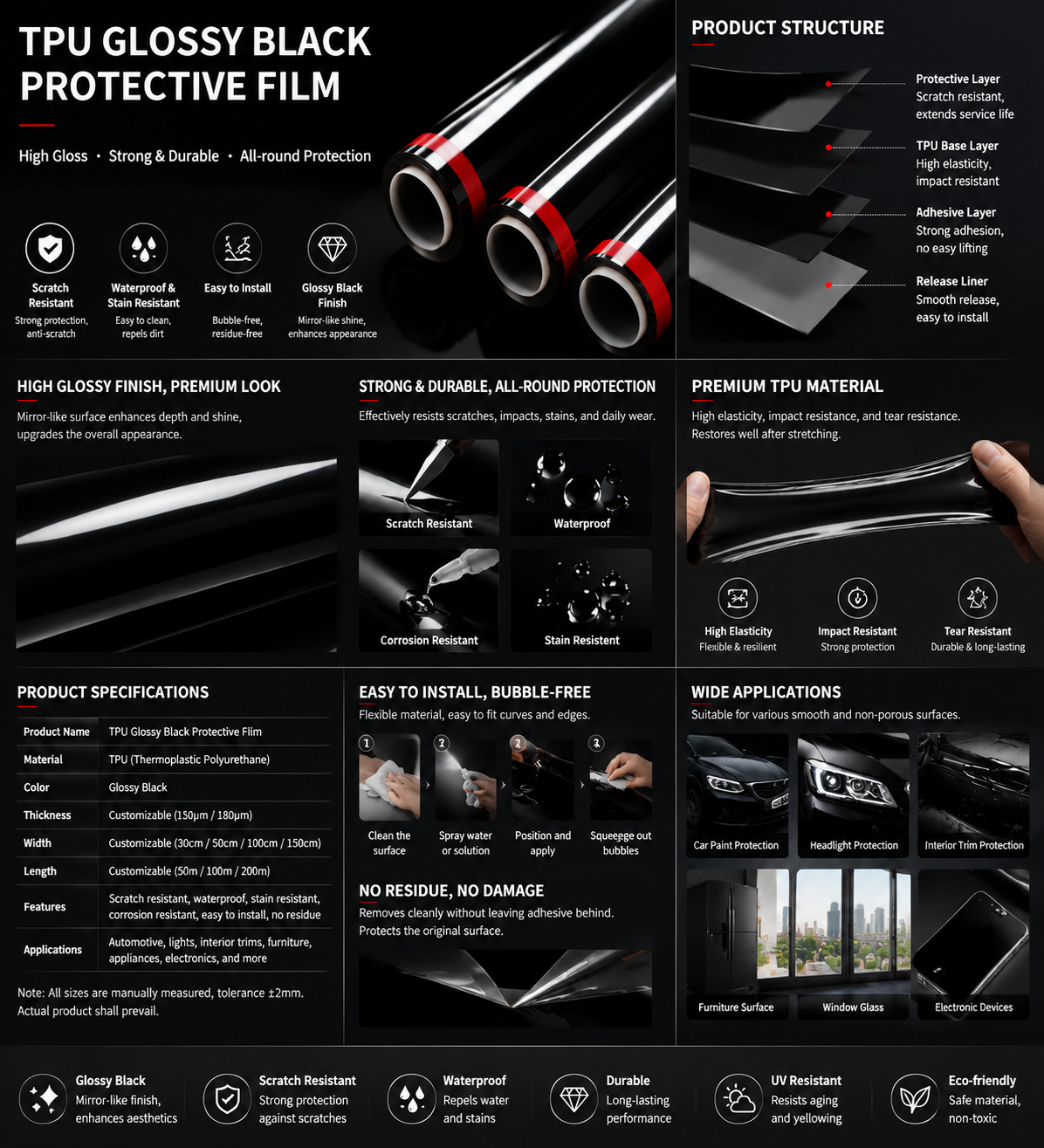 TPH Matt Black TPU Car Paint Protection Film 6.5-7.5 MIL