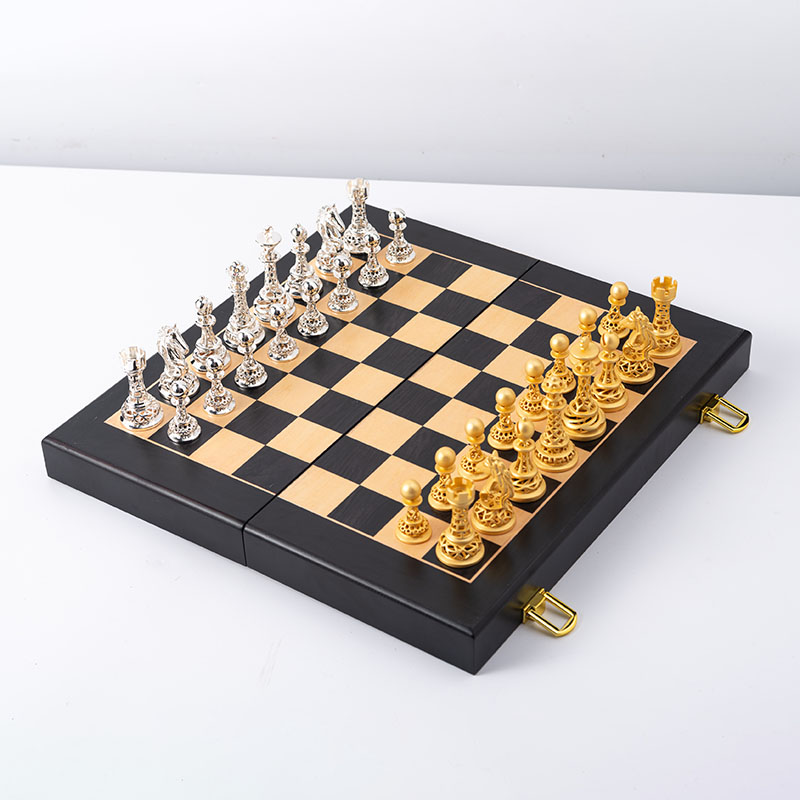 Antique Bronze & Silver Hollow Carved Brass Chess Set for Luxury Tabletop Decor and Tournament Play
