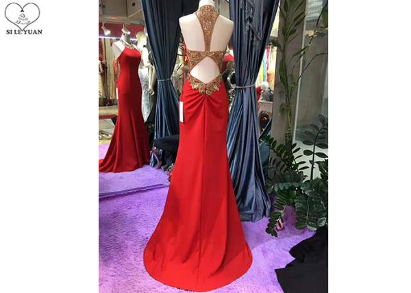 Gold Mermaid Style Red Dress Hanging Neck Luxury Heavy Beading Hollow Back