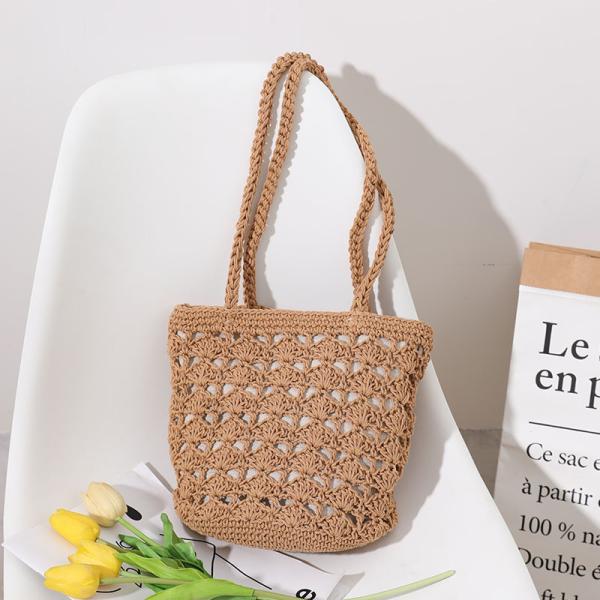 Simple Casual Lady Summer Straw Handmade Bucket Bag for Women Beach Vacation Shoulder Bag