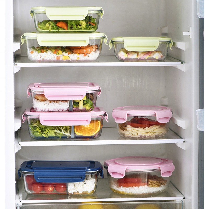 Microwaveable Transparent Glass Crisper Lunch Box Seal Proof Food Container with Plastic Lid for Office Workers