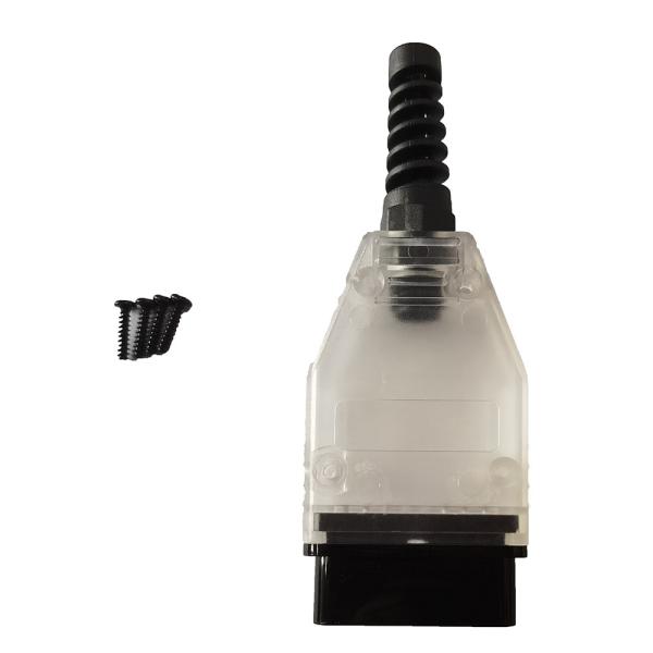 Мужчина выпрямленного угла прозрачного переходника блока развертки OBD автомобиля практически