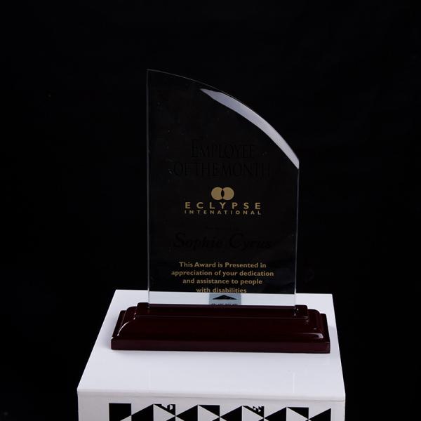 Customized shape laser engraving logo foil gold silver wooden base trophy