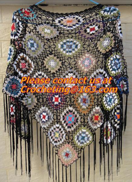 White Fringe Crochet Cape Poncho Shawl Wrap Jacket Granny Square Pattern Hippie Clothing