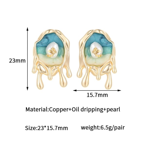 Fashion 14K Plate Gold French Retro Baroque Natural Pearl Earrings Enamel Monet Garden Style Studs Jewelry Gift