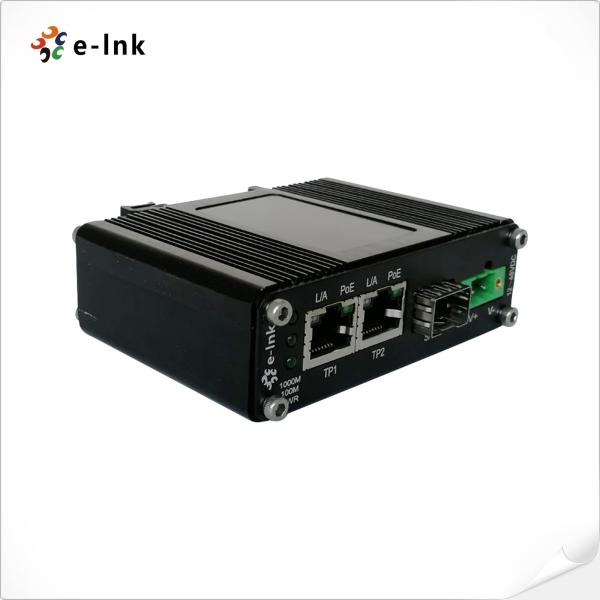 Mini Industrial 1-Port 100/1000X SFP to 2-Port 10/100/1000T 30W PoE+ Media Converter