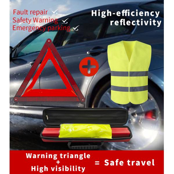 Triángulo de emergencia ECE + Chaleco reflectante para coche, juego de 2 piezas en stock. Embalaje en caja EVA de alta calidad.