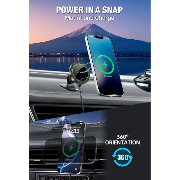 Soporte inalámbrico para teléfono de coche con carga rápida y efecto de luz RGB para soporte de cargador de iPhone con textura de aleación de aluminio