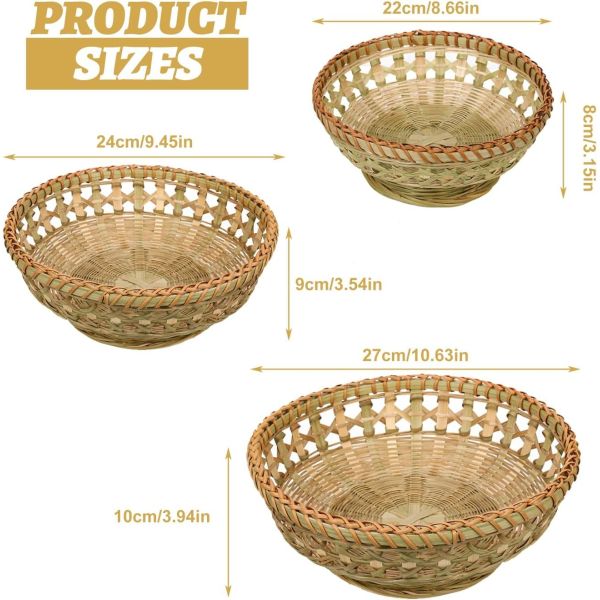 Natural Bamboo Bread Baskets, 3 Pack Hand Woven Round Fruit Baskets For Serving,