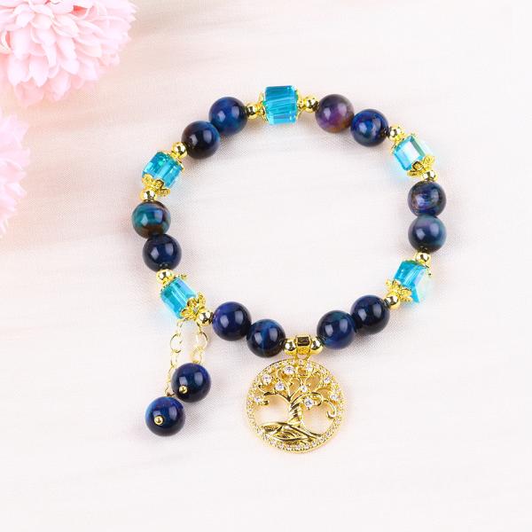 Healing Natural Crystal 8mm Rainbow Tiger Eye Tree Of Life Bead Bracelet For Daily Wear
