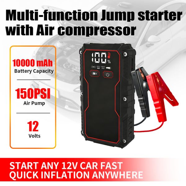 Smart Multi Functional Jump Starter 8000mAh 10000mAh 12V 150PSI Tire Inflator Emergency Vehicle Jump Starter