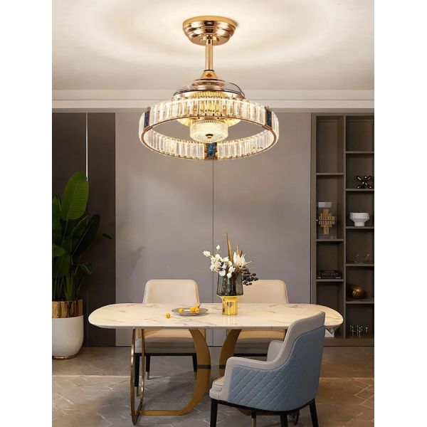 Retractable Blade Modern Folding Fan Light Remote Control Chandelier LED Invisible Ceiling Fan Crystal Light (WH-VLL-29)