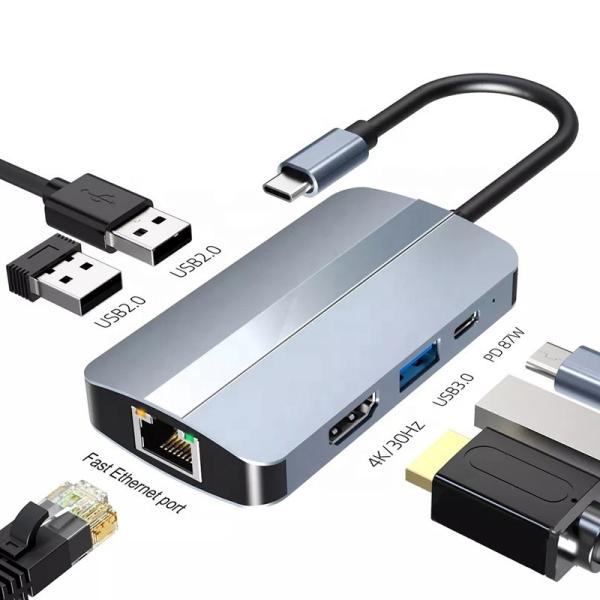 USB C type C entrée mâle 6 en 1 hub avec 4K HD HDMI USB 3.0 2.0 RJ45 Lan Ethernet OEM