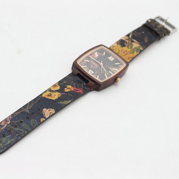 Square Mens Black Leather Watch Eco Friendly Cork Band No Harm To Skin