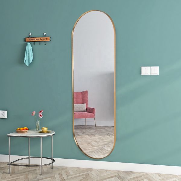 Aluminum Frame Minimalist Full Length Mirror Runway Shape Ledge Standing Dressing Mirror