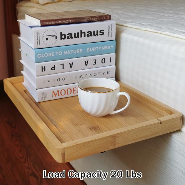 Prateleira de cama de bambu sustentável com porta-tabletas para telefones móveis 38x26x2,5cm Design