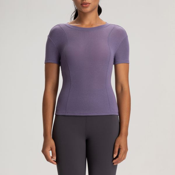 Purple Slim Fit Yoga Women Activewear Tops Breathable Stretchable Short Sleeve