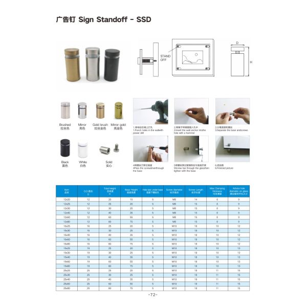 Fully Threaded High Precision Stainless Steel Glass Clip Spacer Screw Sign Standoff Mirror Gold Black with Flat Washer