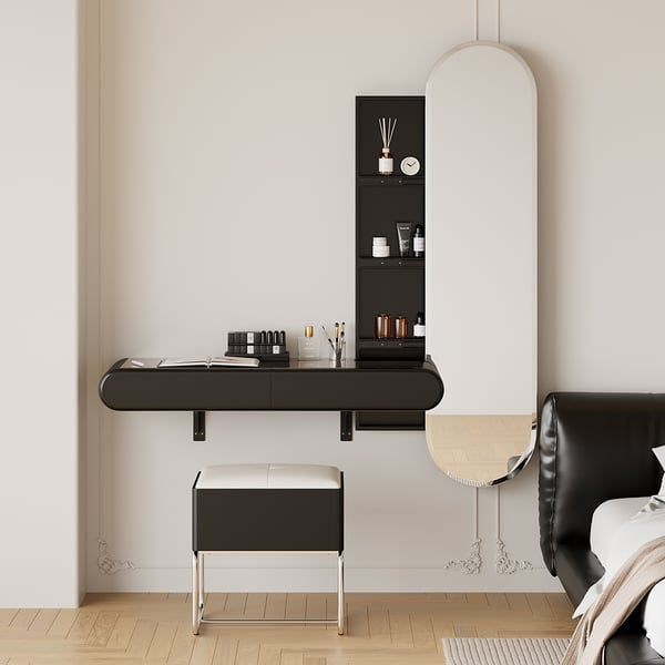 Villa Bedroom Small Black Makeup Vanity Desk With Drawers And LED Lights