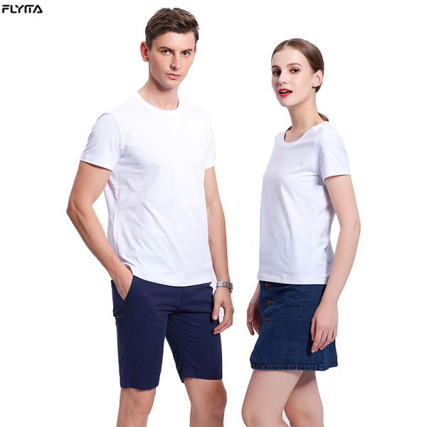 T-shirt redondos curtos por atacado feitos sob encomenda do verão do pescoço da camisa do algodão T dos homens e das mulheres da luva de Flyita com imprimir o logotipo