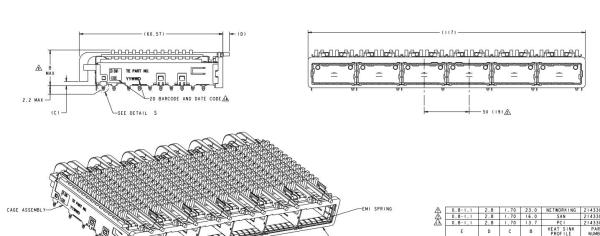 TE 2143307-1 QSFP Cage Ganged (1 x 6) com conector do dissipador de calor Press-Fit Through Hole Incluído Lightpipe