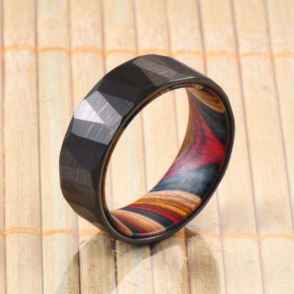Sample Making Service 8mm Wedding Rings Box Elder Wood Colourful Hammered Black Faceted Tungsten Carbide Ring