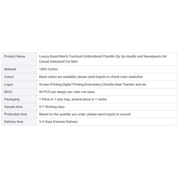                  Luxury Brand Men′s Tracksuit Embroidered Chenille Zip up Hoodie and Sweatpants Set Casual Sweatsuit for Men             