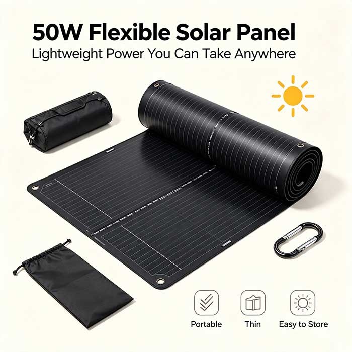 50W Carbon‑Fiber Reinforced Flexible Solar Panel, Anti‑Crack Foldable Solar Kit for Camper, Yacht & Balcony