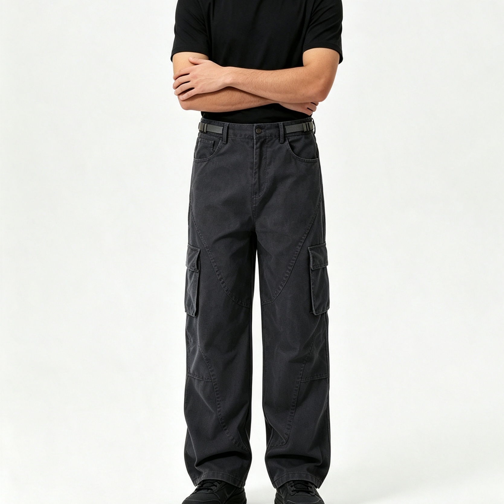 Mid Rise Men's Jeans Washed Multi Pocket Cargo Pants Cotton