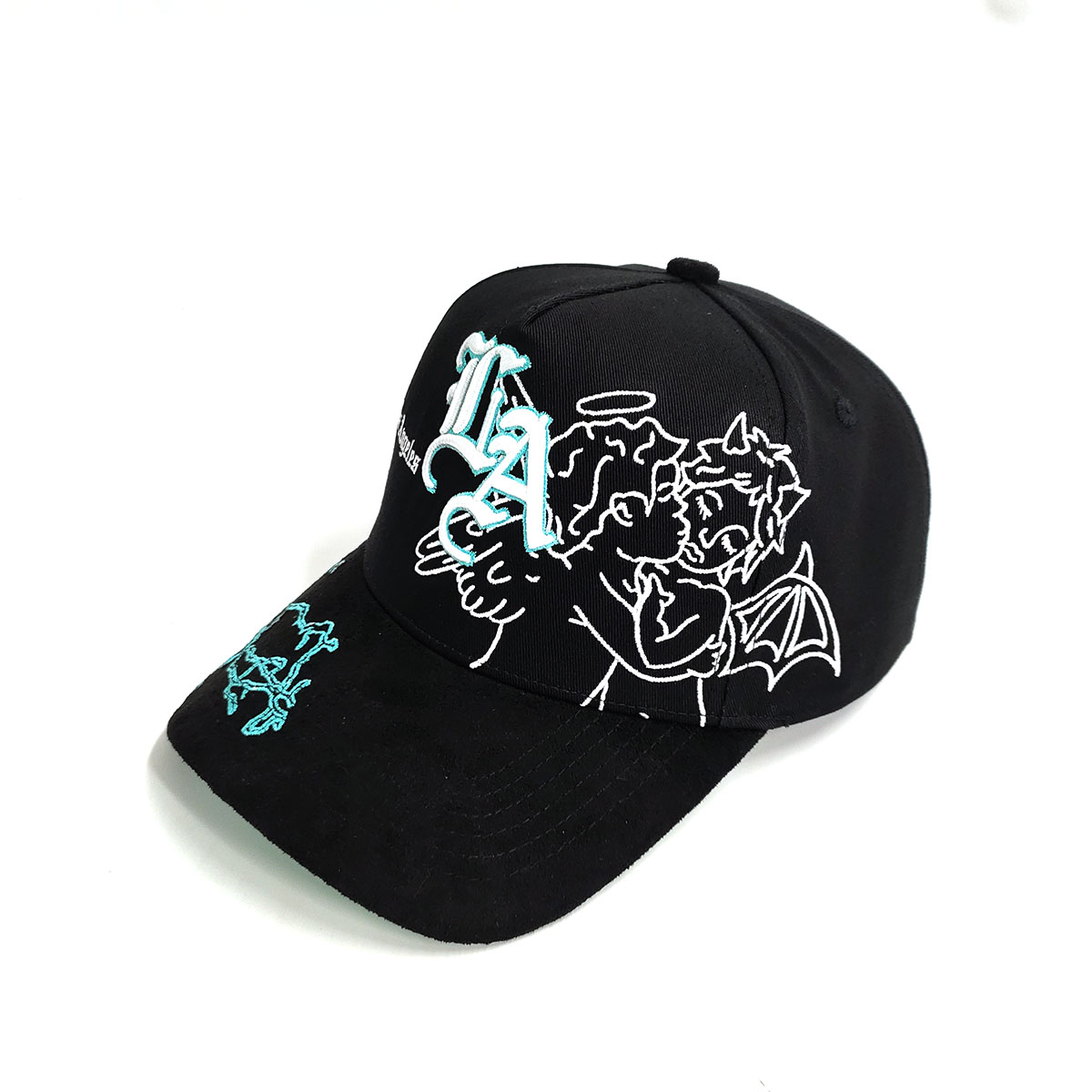 3D Embroider Logos Brim Baseball Caps Cotton And Suede Custom Interior Tape 5 Panels Back Tag Full Black
