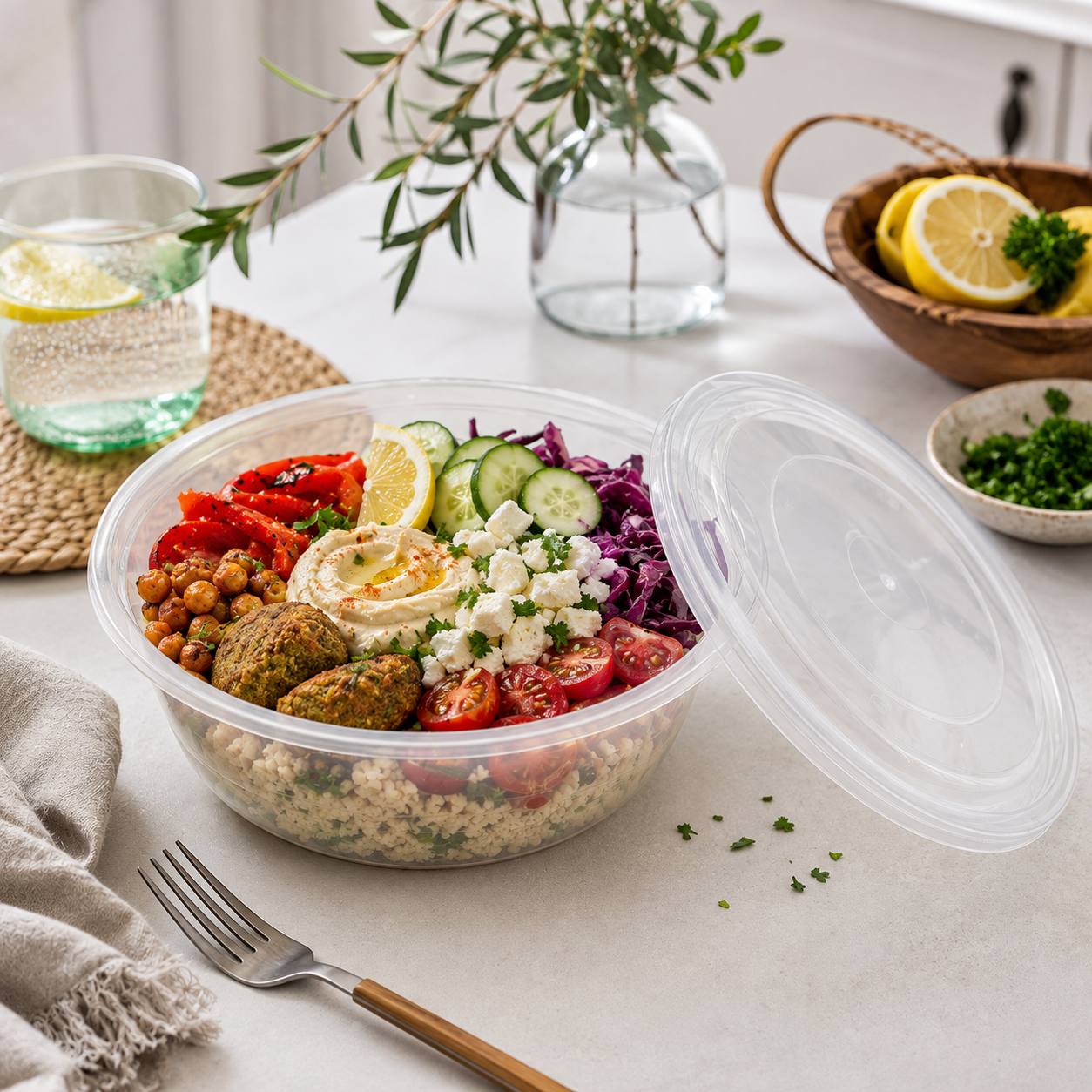 Transparent Lids PP Disposable Soup Bowls Clear Round 1200ml for Food Display