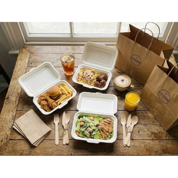 600ml Biodegradable Bagasse Clamshell Container Fried Food box