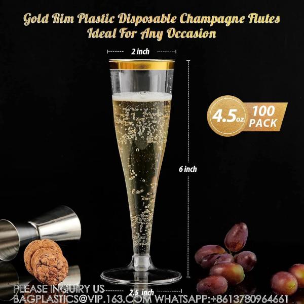 Plastic Champagne Flutes, 4.5 Oz Gold Rim Glasses, Disposable Clear Toasting Glasses Recyclable Cups For Wedding Party