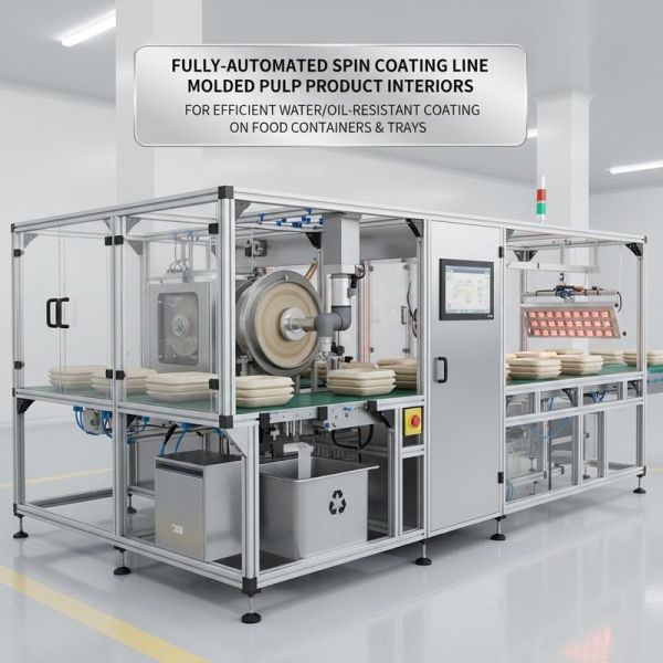 Fully-Automated Spin Coating Line for Molded Pulp Product Interiors | For Efficient Water/Oil-Resistant Coating on Food Containers & Trays
