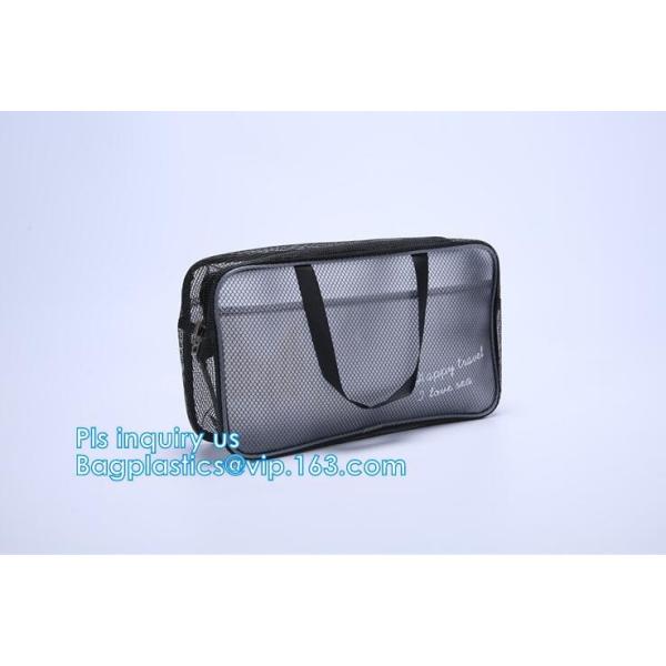 Embroidery Logo black nylon mesh cosmetic bag with zipper, mesh net zipper cosmetic makeup bag with custom logo, Women M