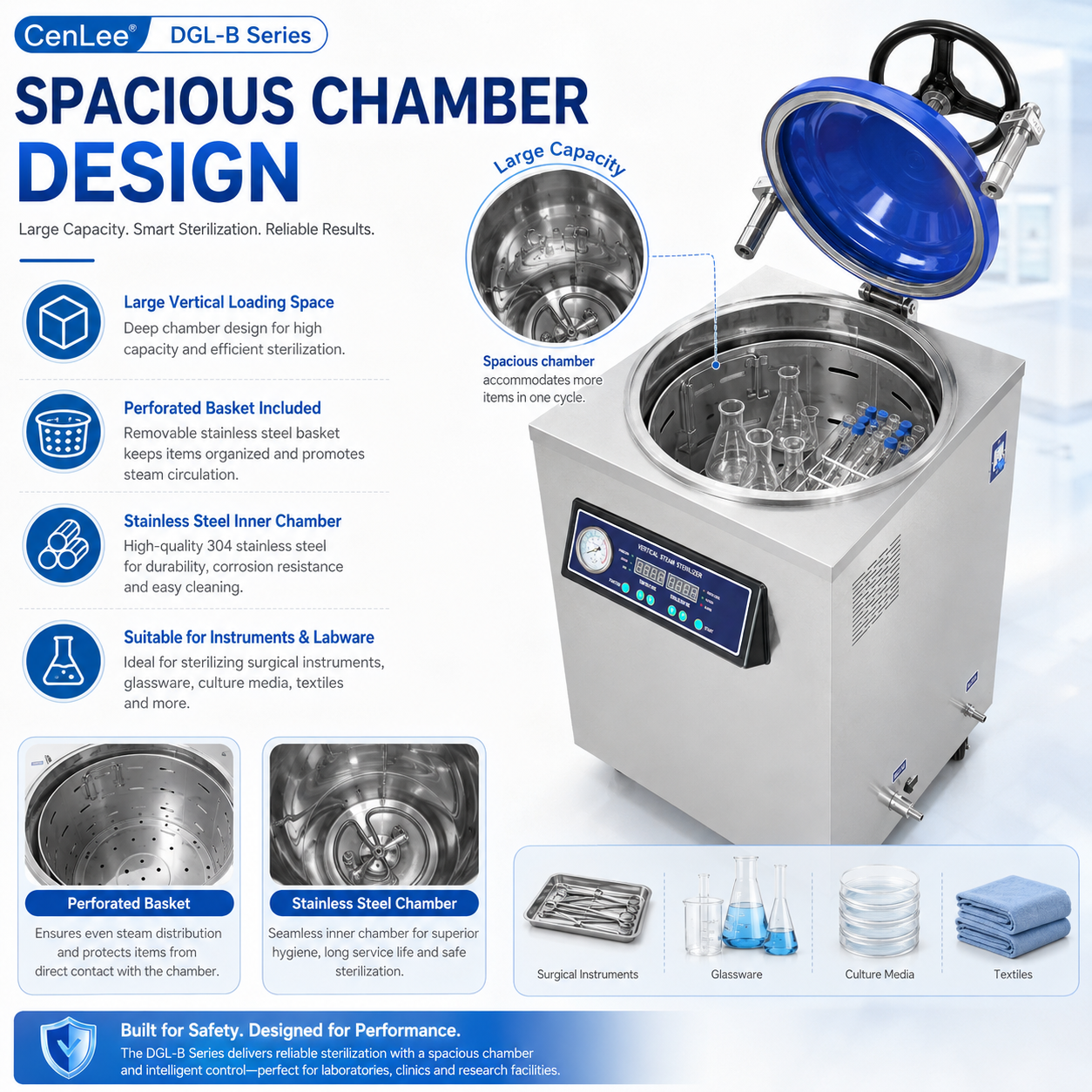 Cenlee Sample Preparation Lab Vertical Steam Sterilizer 116-134°C Microcomputer Control Stainless Steel Laboratory Autoclave