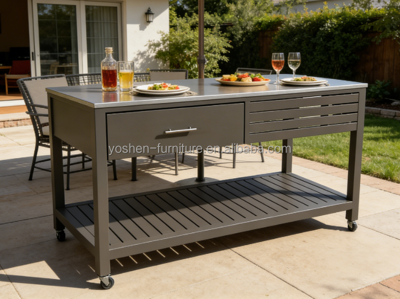 Hotel Heavy Duty Stainless Steel Kitchen Cart with Locking Wheels and Drawers for Poolside Grilling