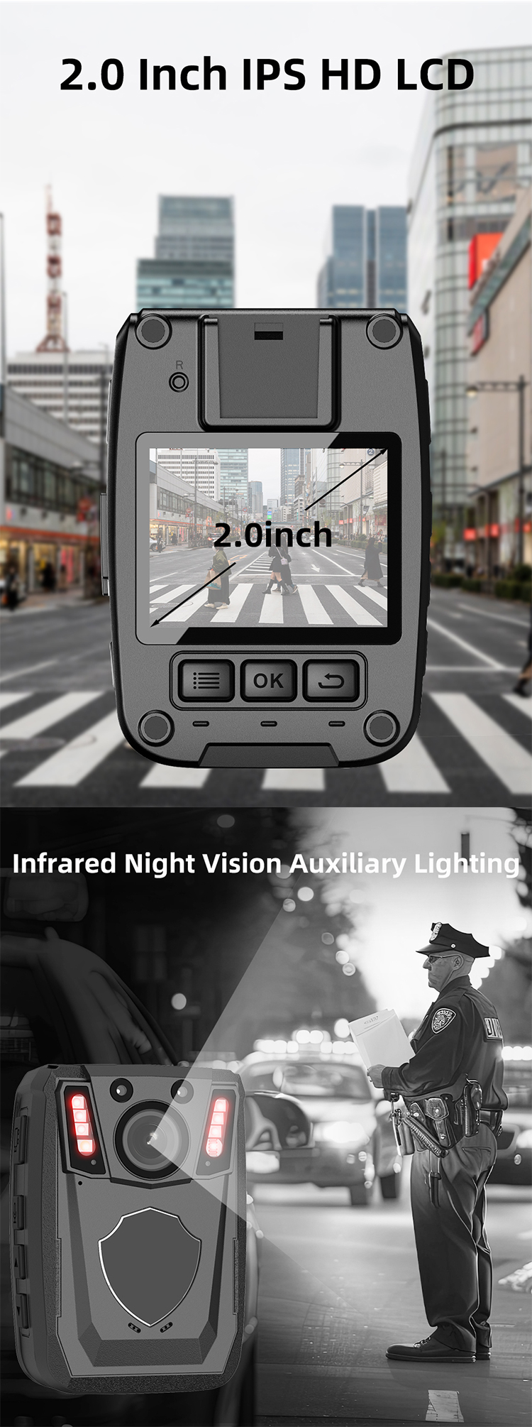 Portable 4K 50MP QHD Body Worn Camera Recorder 2.0 TFT Screen Infrared Night Vision Camera for Security Guard