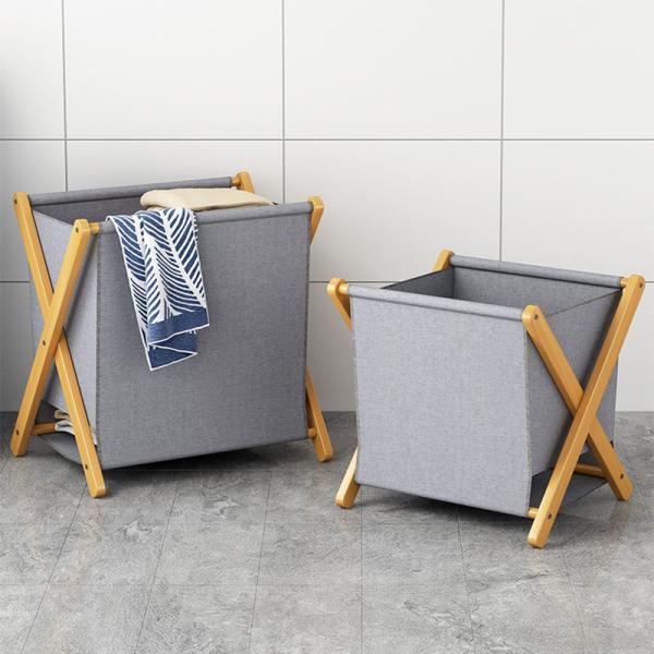 Bathroom Standing Type Collapsible Laundry Basket with Removable Bag Wood Dirty Clothes Storage Organizer X Frame Hamper