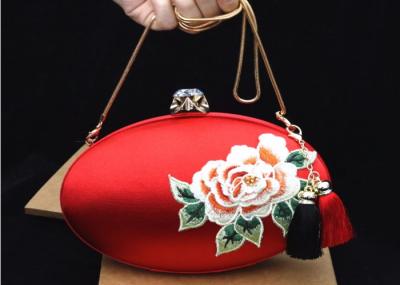Luxury Oval Shape Embroidered Velvet Bag , Satin Clutches Evening Bags With Two Tassel
