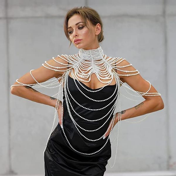 Women Pearl Body Chain Necklace Pearl Shoulder Chain Fashion Gorgeous Fadeless Pearl Jewelry
