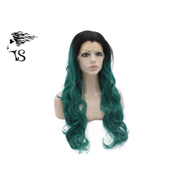 Wavy Curly Green Synthetic Lace Front Wigs With Dark Roots For Cross Dressing