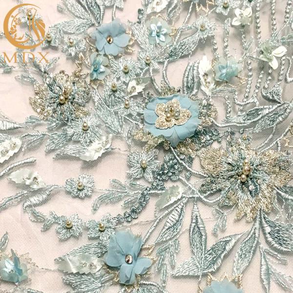 20% Polyester Blue 3D Flower Lace Fabric For Evening Gown