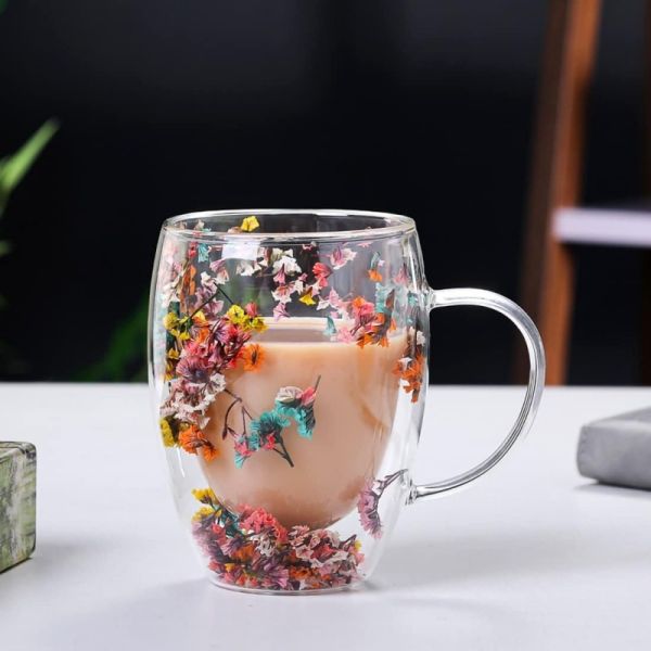 High Borosilicate Glass Cup Double Wall Dry Flower Glass Coffee Mug Heat Resistant