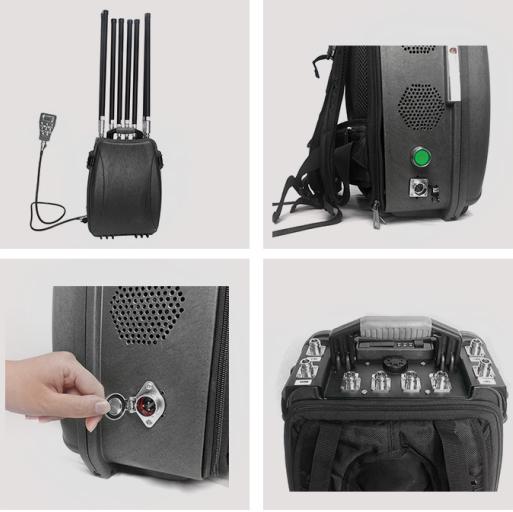 Bloqueador de drones tipo mochila de 8 bandas, alcance de 500-1500m, 50W de salida