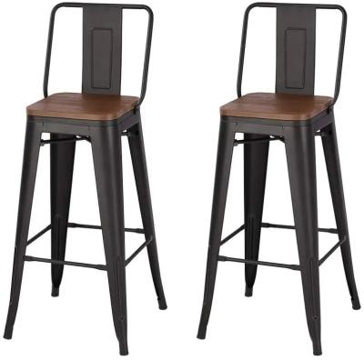 Industrial Metal Bar Stools with Solid Wood Seat - Black