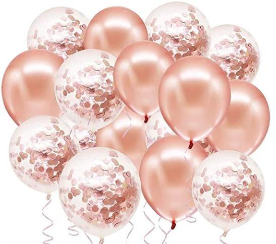 Rose Gold Balloons + White Balloons + Confetti Balloons w/Ribbon | Rosegold Balloons for Parties