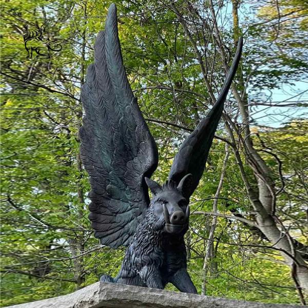 Bronze Wild Boar Sculpture Wings Metal Flying Pig Statue Large Building Decoration Outdoor European Style
