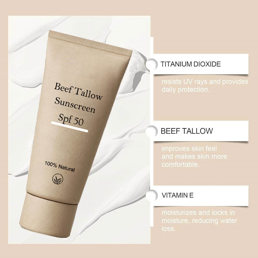 OEM ODM Brand Customized Sunscreen Natural Grass Food Fresh Beef Fat Halal Zinc Sunscreen Mineral Spf 50 Sunscreen Sunscreen